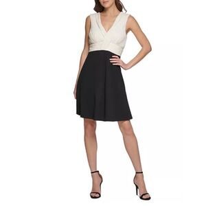 DKNY Pleated Mixed-Media Dress, Cream Pleated Bodice With Black Skirt, Size 10